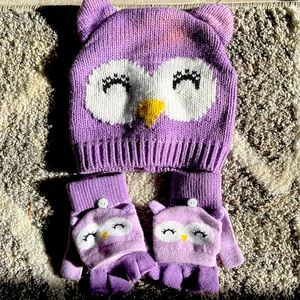 Purple owl girls beanie hat gloves mittens set